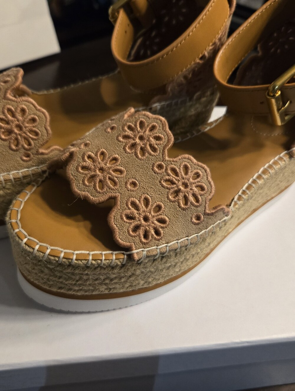 Tan Floral Embroidered Espadrille Sandals - See By Chloe Size 38 Fits 7.5-8